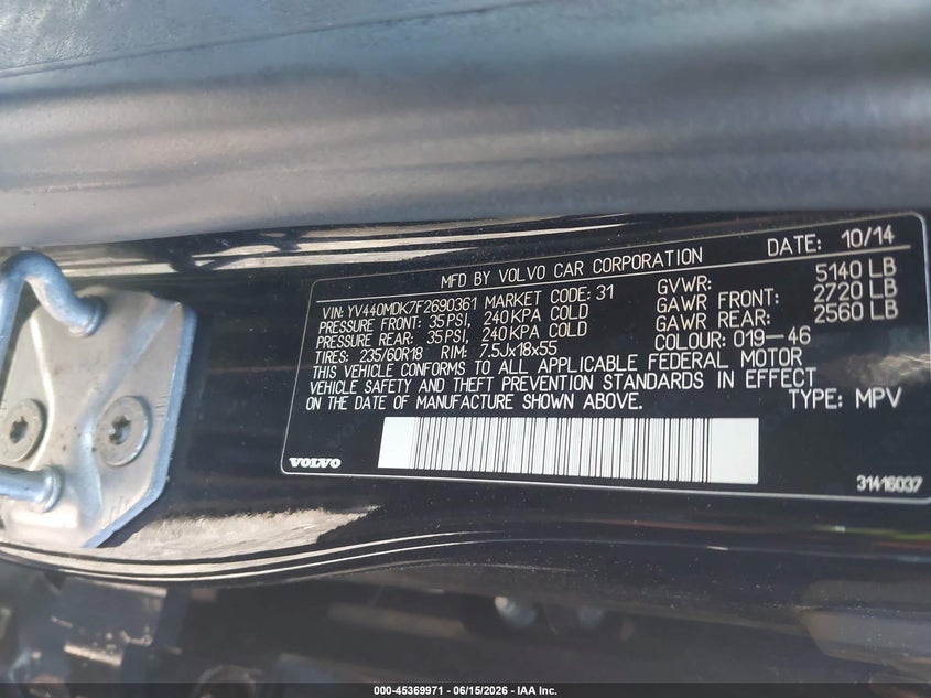 2015 VOLVO XC60 SPORT UTILITY VEHICLE 2.0L I-4 DI, DOHC, VVT, TURBO, 240HP