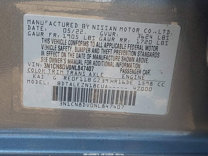 2022 Nissan Versa 1.6 S Xtronic Cvt VIN: 3N1CN8DV0NL847407 Lot: 45369974