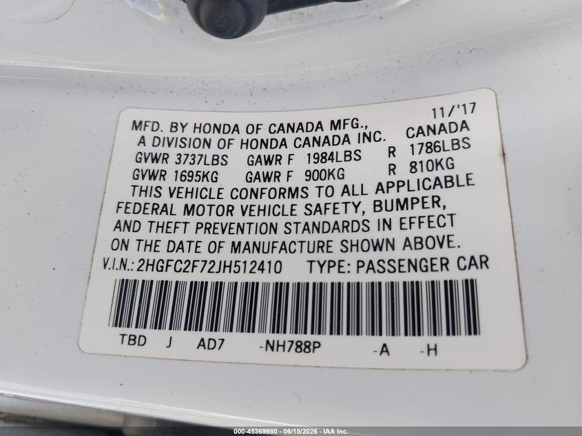 VIN 2HGFC2F72JH512410 2018 HONDA CIVIC EX