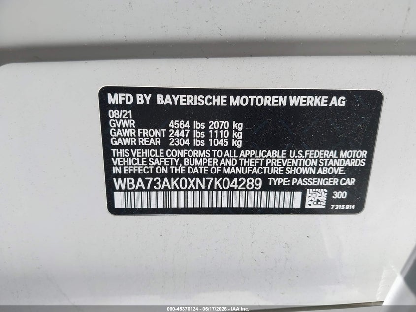 2022 BMW 228 Gran Coupe I xDrive VIN: WBA73AK0XN7K04289 Lot: 45370124