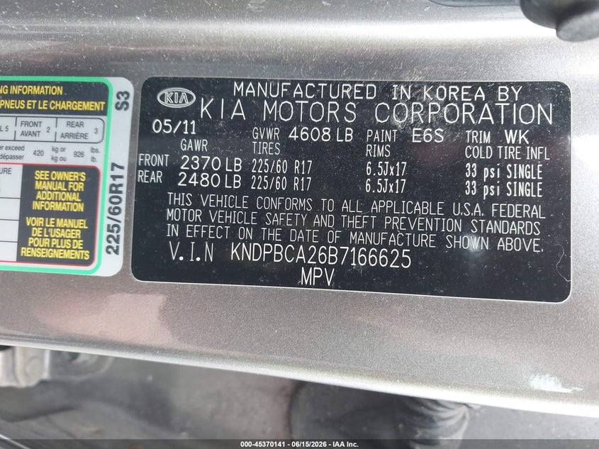 2011 KIA SPORTAGE SPORT UTILITY VEHICLE 2.4L I-4 DOHC, VVT, 176HP