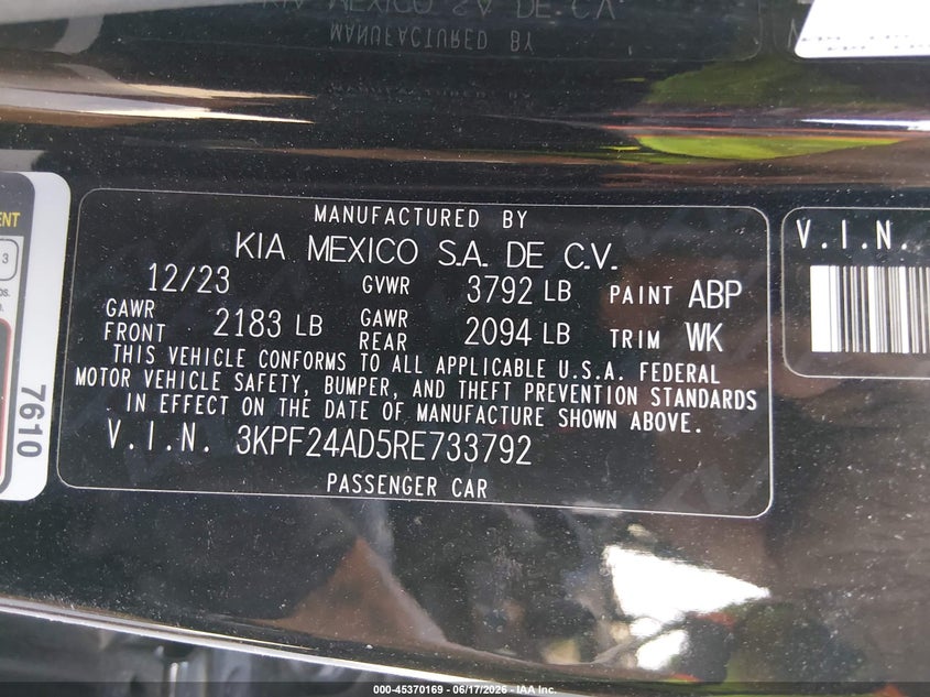 2024 Kia Forte Lxs VIN: 3KPF24AD5RE733792 Lot: 45370169