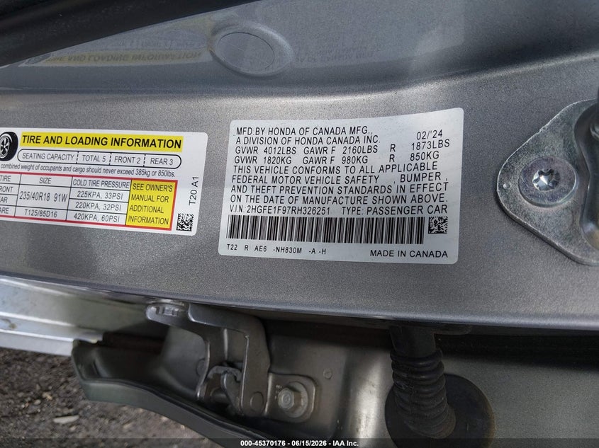 2024 HONDA CIVIC 1.5L I-4 DI, DOHC, V(VIN: 2HGFE1F97RH326251