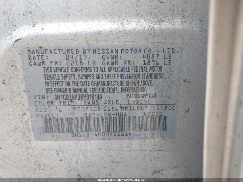 NISSAN SENTRA 2017 VIN 3N1CB7AP0HY318149