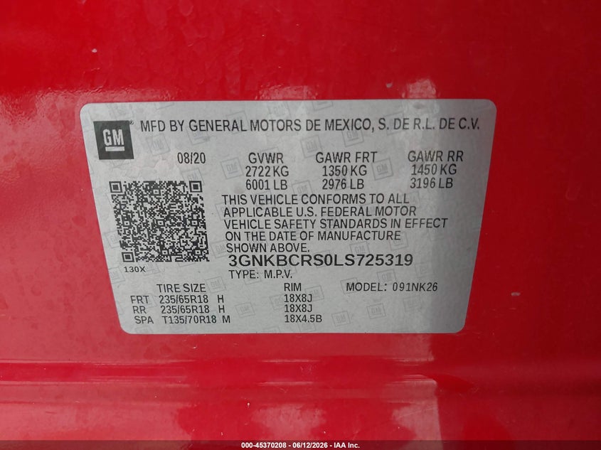 VIN 3GNKBCRS0LS725319 2020 CHEVROLET BLAZER FWD 2LT
