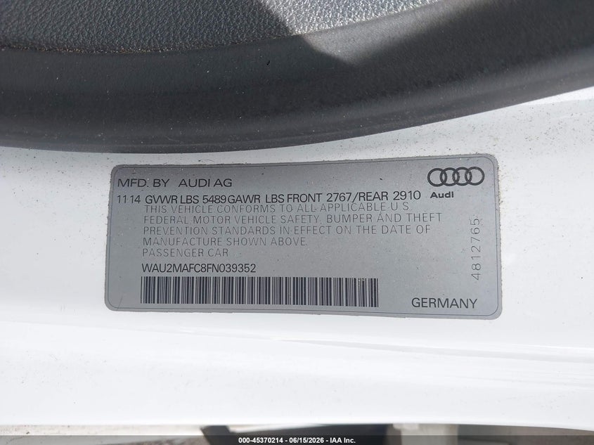 2015 Audi A7 3.0 Tdi Premium Plus VIN: WAU2MAFC8FN039352 Lot: 45370214