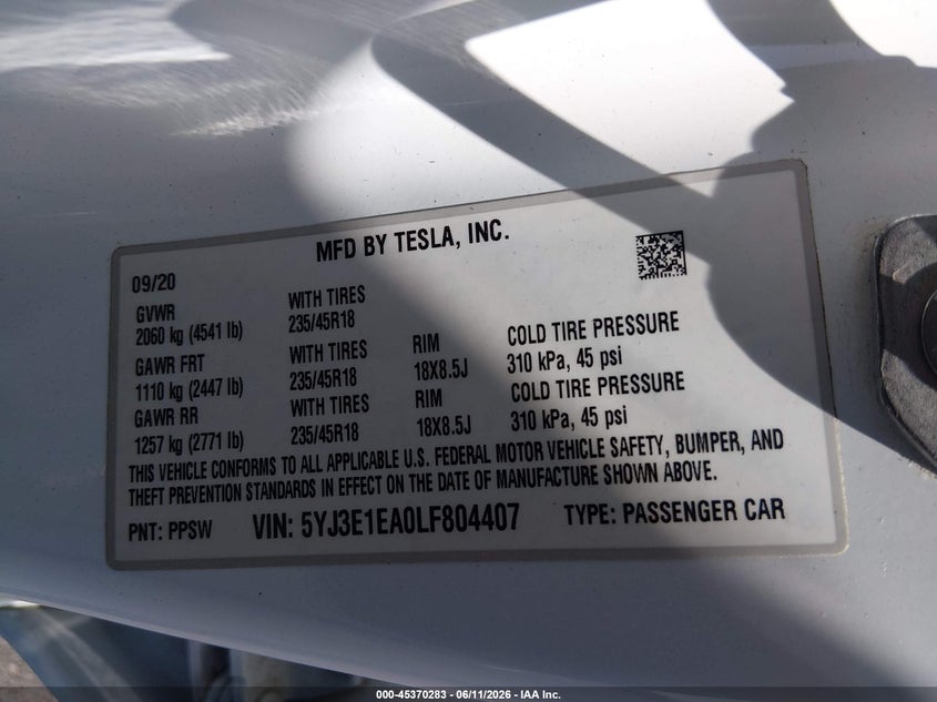 TESLA MODEL 3 2020 VIN 5YJ3E1EA0LF804407