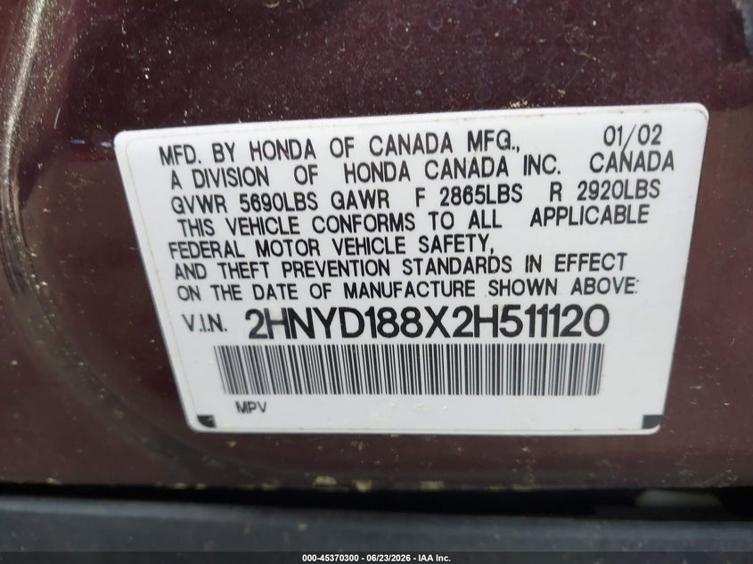 ACURA MDX 2002 VIN 2HNYD188X2H511120