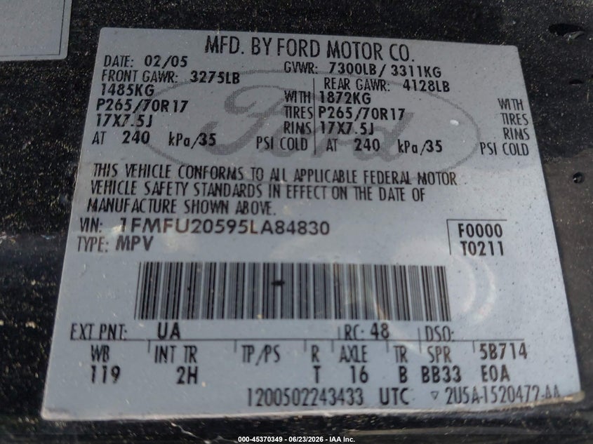 FORD EXPEDITION 2005 VIN 1FMFU20595LA84830