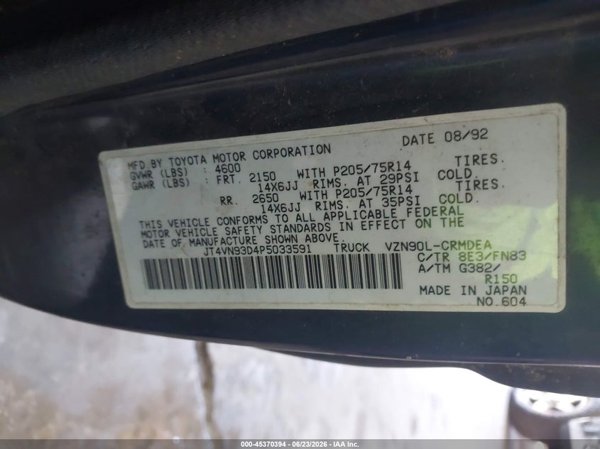 1993 Toyota Pickup 1/2 Ton Ex Long Whlbse Dx VIN: JT4VN93D4P5033591 Lot: 45370394