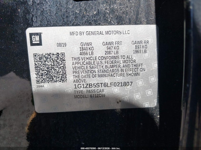 VIN 1G1ZB5ST6LF021807 2020 CHEVROLET MALIBU FWD LS