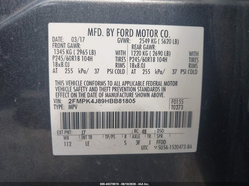 VIN 2FMPK4J89HBB81805 2017 FORD EDGE SEL