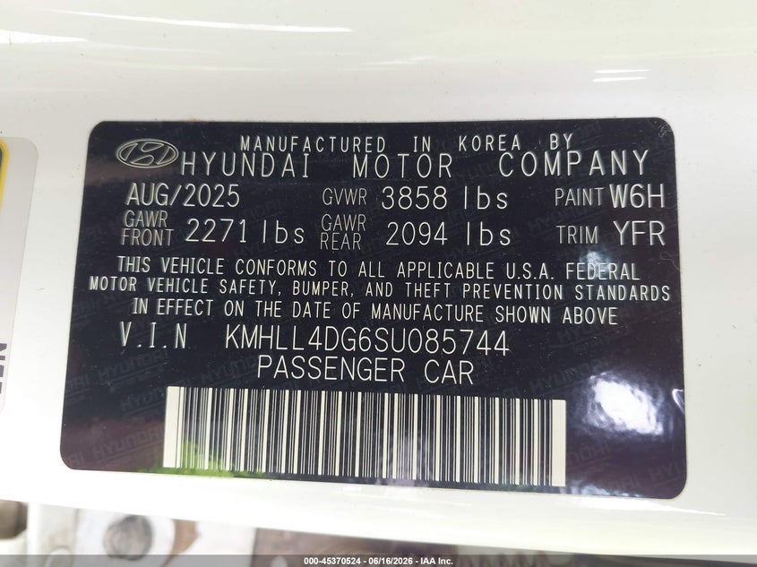 VIN KMHLL4DG6SU085744 2025 HYUNDAI ELANTRA SE
