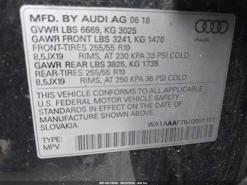 2018 Audi Q7 3.0T Premium VIN: WA1AAAF76JD051101 Lot: 45370549