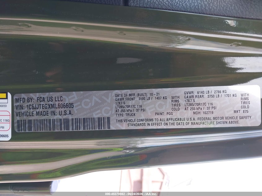 2021 Jeep Gladiator Mojave 4X4 VIN: 1C6JJTEGXML606605 Lot: 45370562