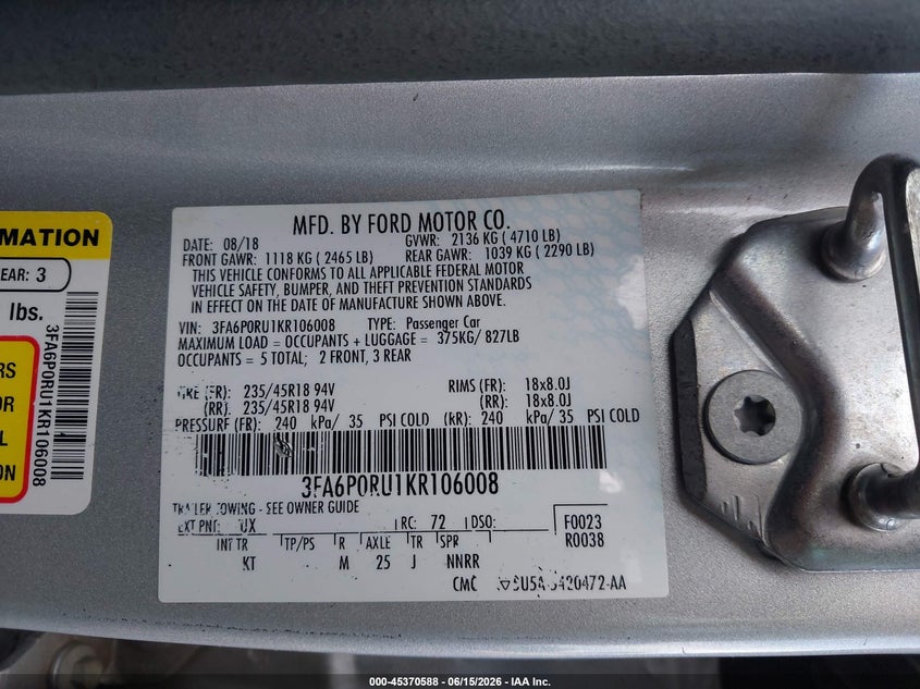 2019 FORD FUSION SEDAN 2.0L I-4 DOHC, VVT, 141HP