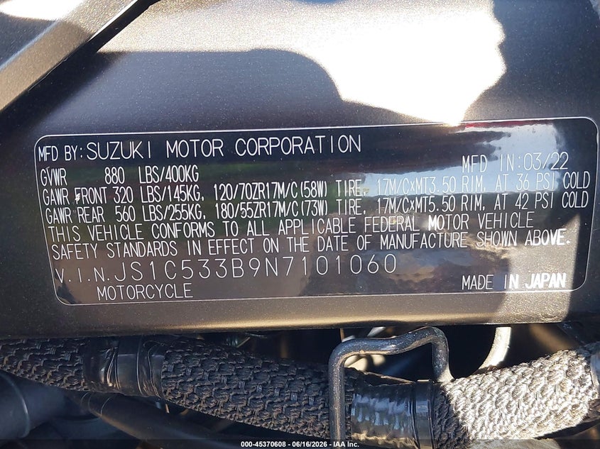2022 Suzuki Gsx-S750 M/Z VIN: JS1C533B9N7101060 Lot: 45370608