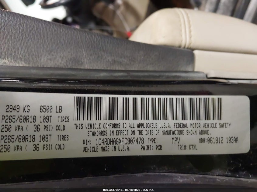 2015 Dodge Durango Sxt VIN: 1C4RDHAGXFC907478 Lot: 45370616