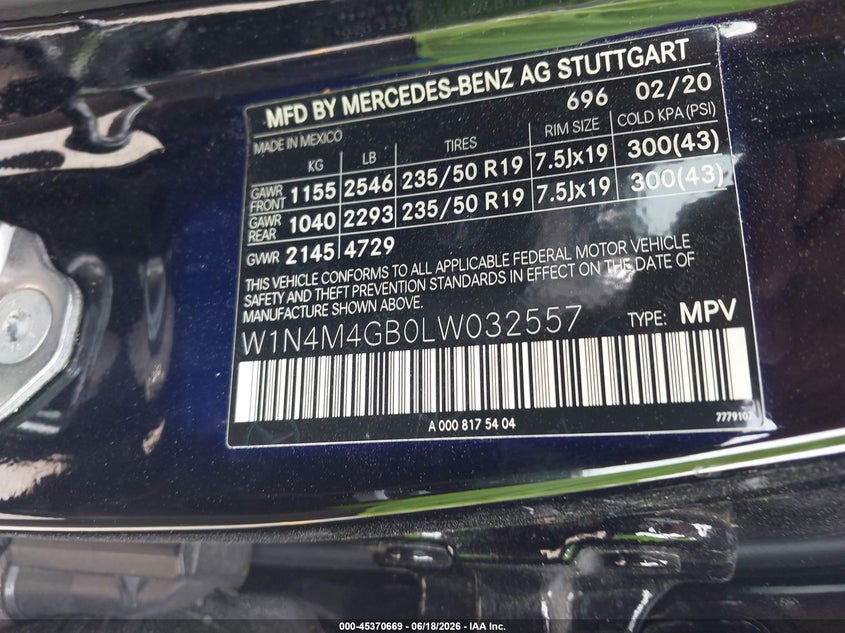 2020 Mercedes-Benz Glb 250 VIN: W1N4M4GB0LW032557 Lot: 45370669