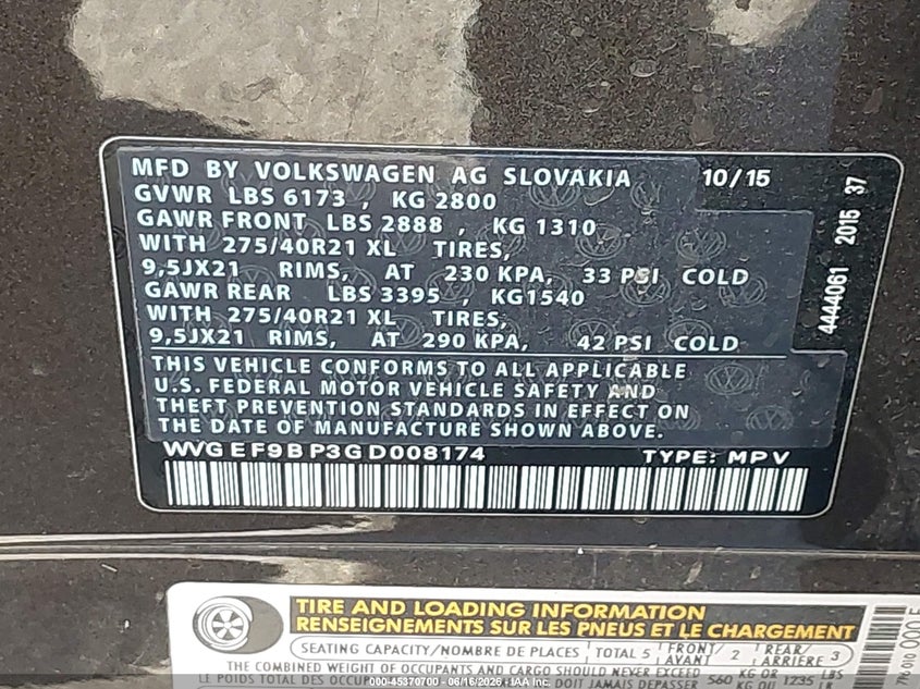2016 Volkswagen Touareg Vr6 Executive VIN: WVGEF9BP3GD008174 Lot: 45370700
