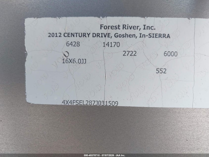2007 OTHER FOREST RIVER SIERRA TRAILER N/A