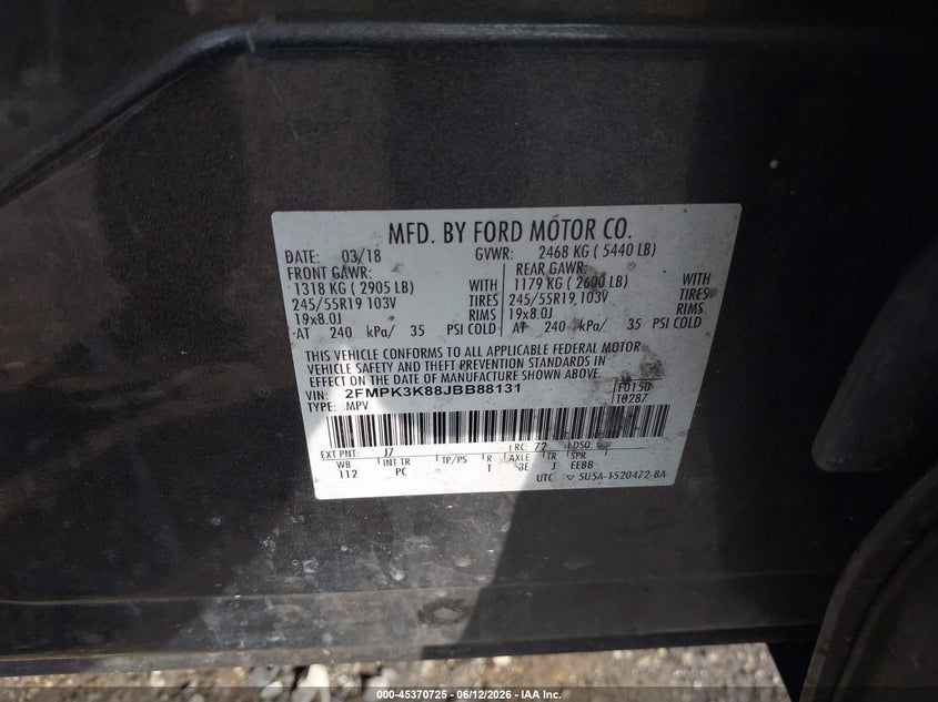 VIN 2FMPK3K88JBB88131 2018 FORD EDGE TITANIUM