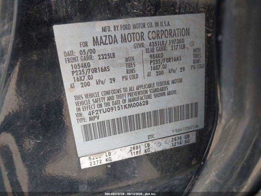 2001 Mazda Tribute Es V6/Lx V6 VIN: 4F2YU09151KM00628 Lot: 45370729