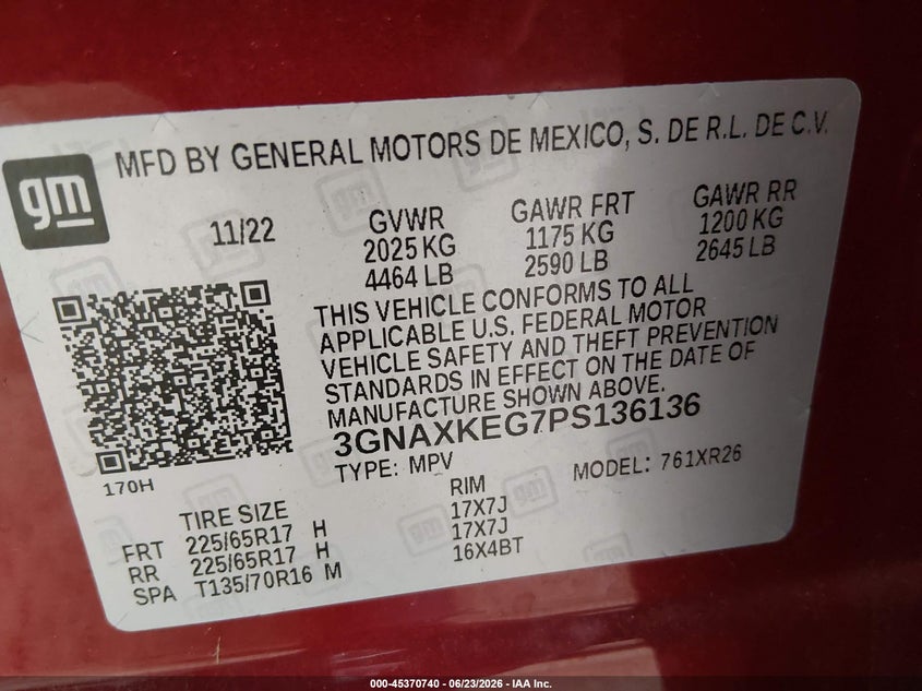 2023 Chevrolet Equinox Fwd Lt VIN: 3GNAXKEG7PS136136 Lot: 45370740