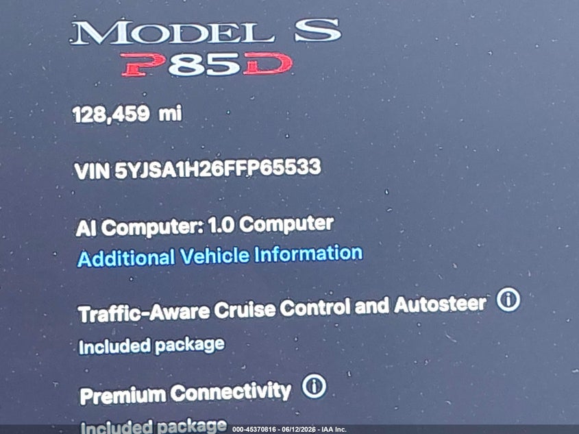 2015 Tesla Model S 70D/85D/P85D VIN: 5YJSA1H26FFP65533 Lot: 45370816