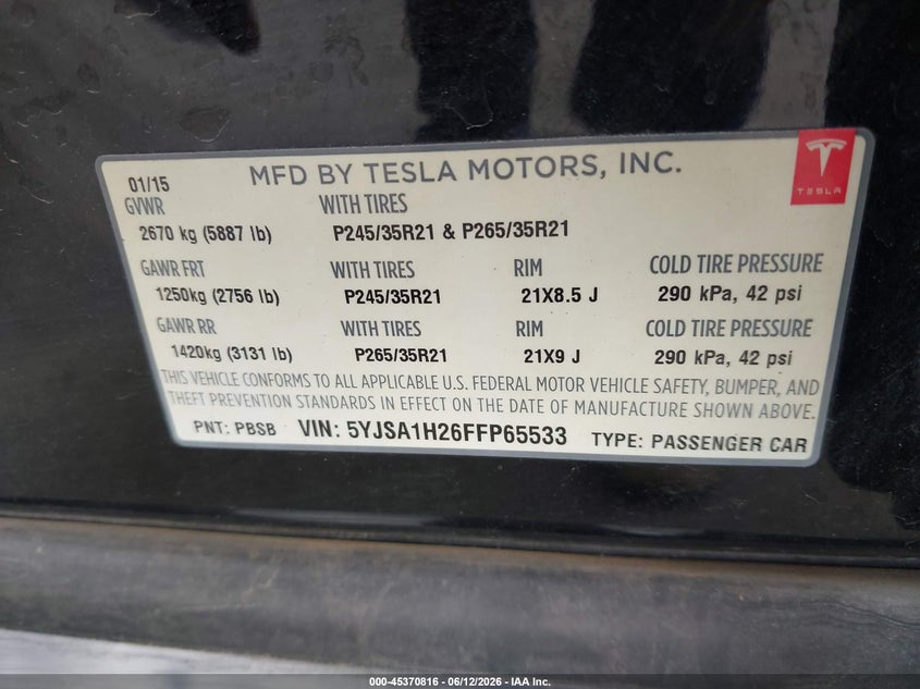 2015 Tesla Model S 70D/85D/P85D VIN: 5YJSA1H26FFP65533 Lot: 45370816