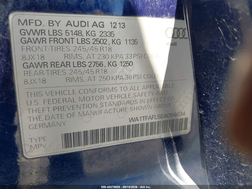 2014 Audi Allroad 2.0T Premium VIN: WA1TFAFL5EA094634 Lot: 45370858