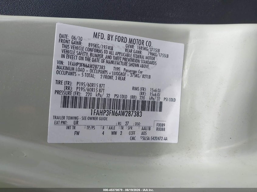 2010 FORD FOCUS SEDAN 2.0L I-4 DOHC, 140HP