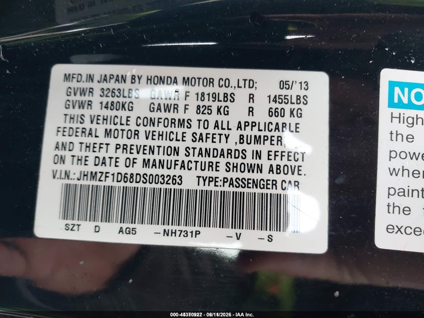 2013 Honda Cr-Z Ex VIN: JHMZF1D68DS003263 Lot: 45370922