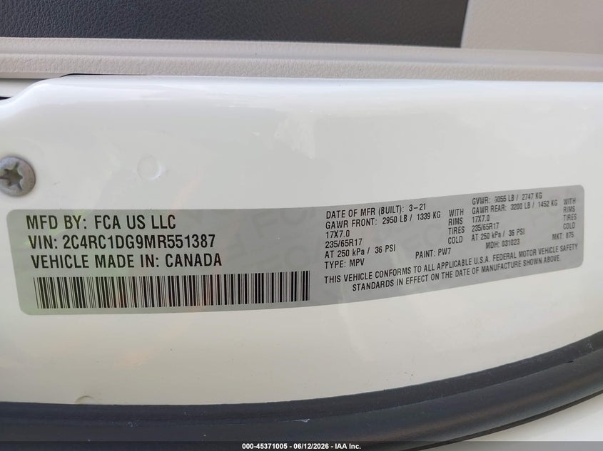 2021 Chrysler Voyager Lxi VIN: 2C4RC1DG9MR551387 Lot: 45371005