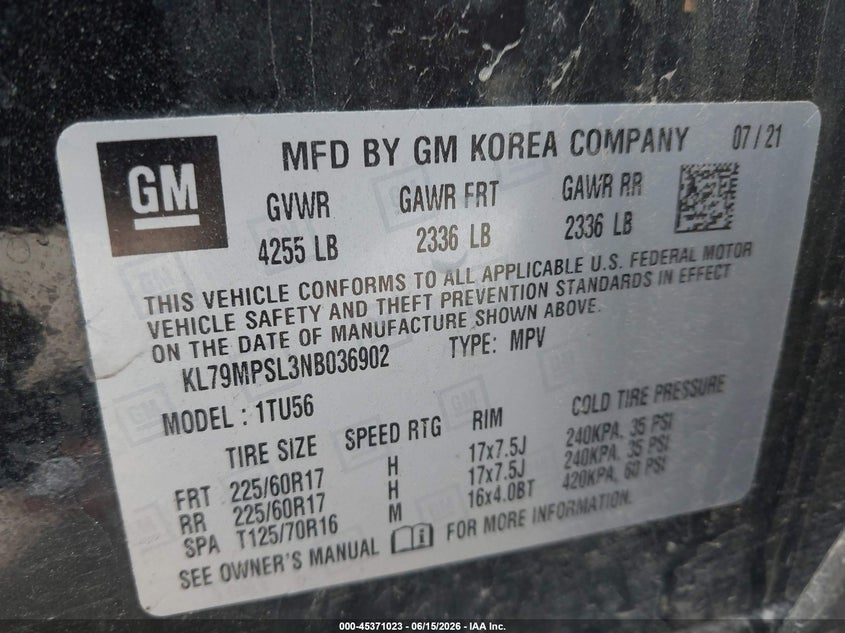 VIN KL79MPSL3NB036902 2022 CHEVROLET TRAILBLAZER FWD LT