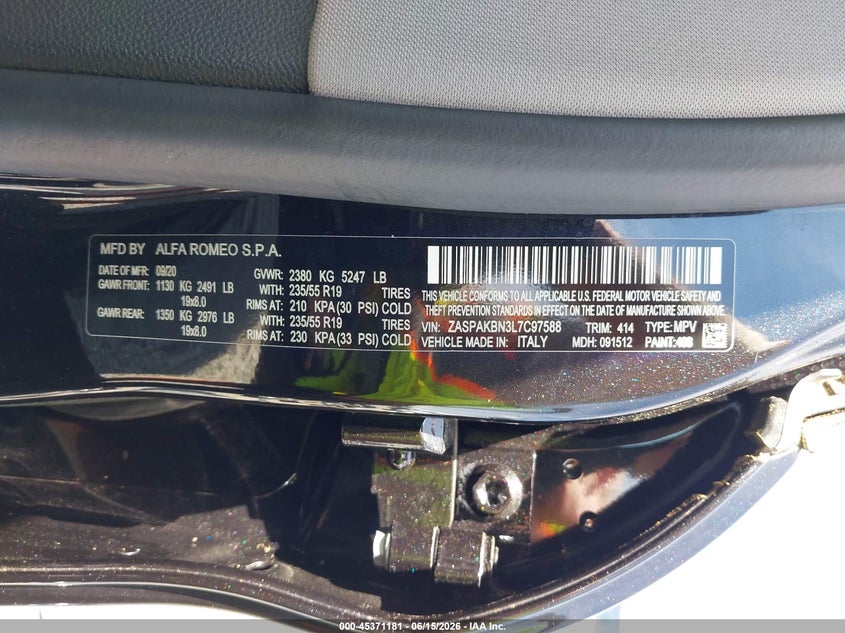 2020 Alfa Romeo Stelvio Ti Awd VIN: ZASPAKBN3L7C97588 Lot: 45371181