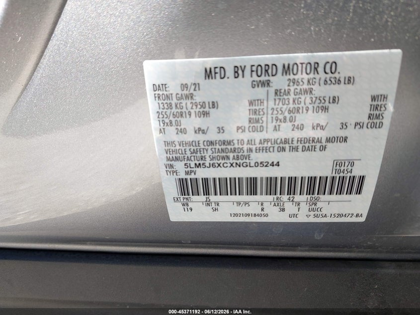 2022 Lincoln Aviator Standard VIN: 5LM5J6XCXNGL05244 Lot: 45371192