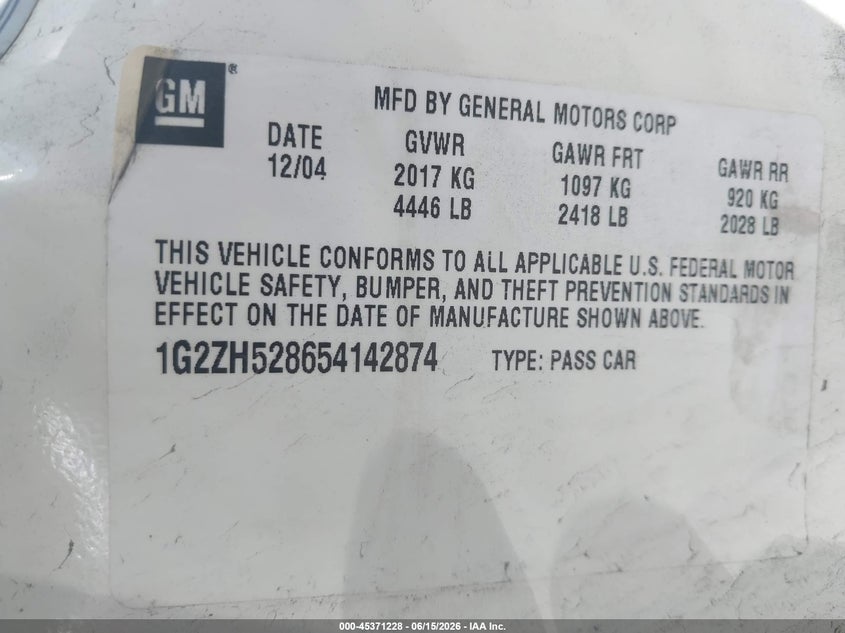 2005 Pontiac G6 Gt VIN: 1G2ZH528654142874 Lot: 45371228
