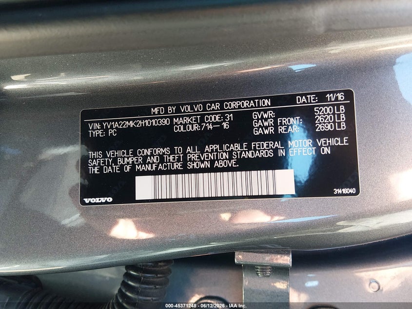 2017 Volvo S90 T6 Momentum VIN: YV1A22MK2H1010390 Lot: 45371248