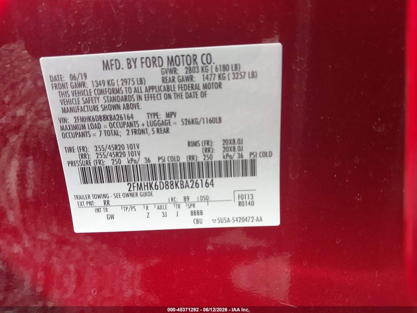 VIN 2FMHK6D88KBA26164 2019 FORD FLEX LIMITED