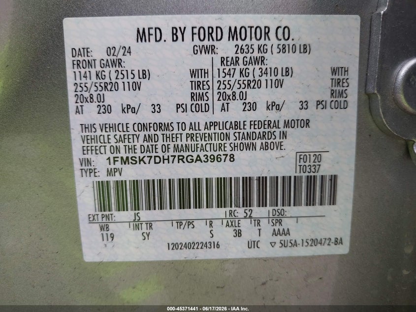 VIN 1FMSK7DH7RGA39678 2024 FORD EXPLORER XLT