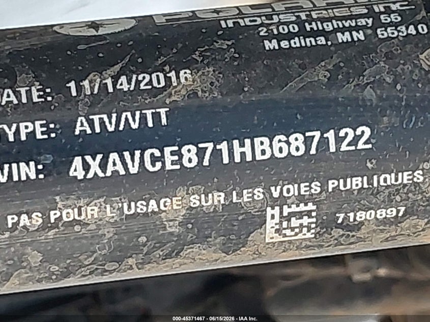 VIN 4XAVCE871HB687122 2017 POLARIS RZR 4 900 EPS