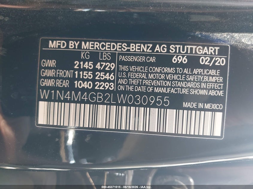 2020 Mercedes-Benz Glb 250 VIN: W1N4M4GB2LW030955 Lot: 45371515