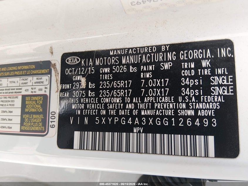 2016 Kia Sorento 2.4L Lx VIN: 5XYPG4A3XGG126493 Lot: 45371620
