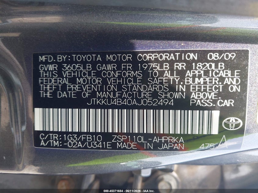 2010 Scion Xd VIN: JTKKU4B40AJ052494 Lot: 45371684