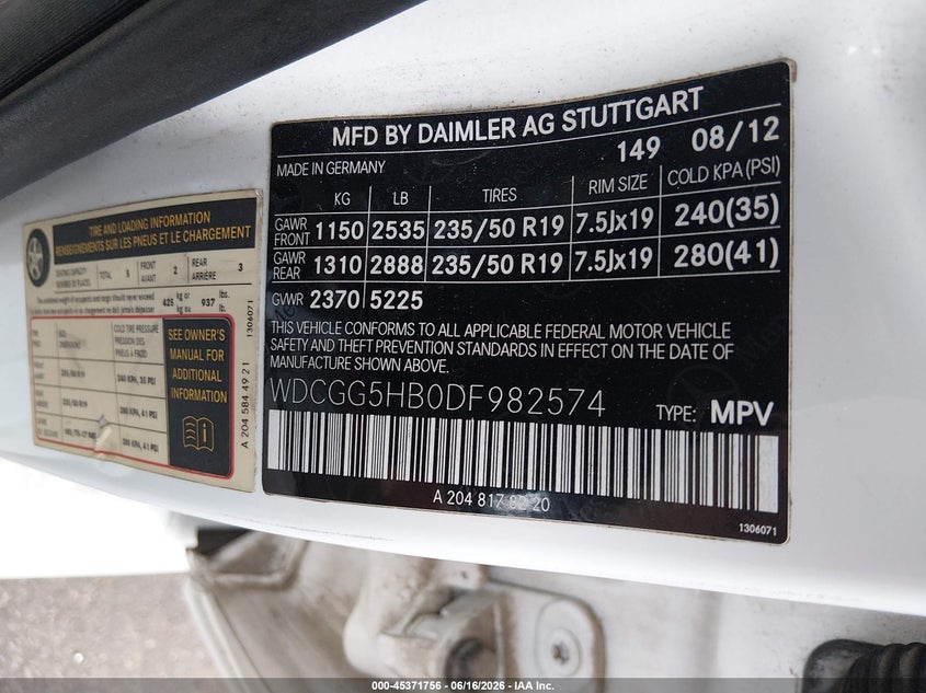 2013 Mercedes-Benz Glk 350 VIN: WDCGG5HB0DF982574 Lot: 45371756