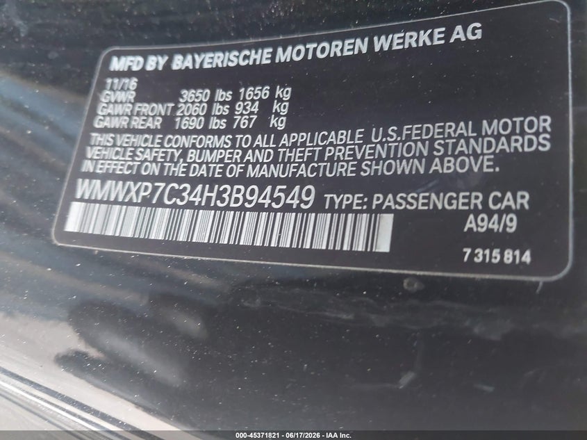 2017 Mini Hardtop Cooper S VIN: WMWXP7C34H3B94549 Lot: 45371821