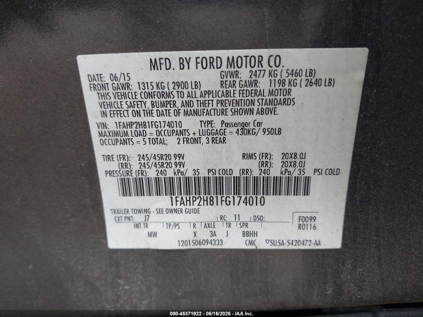 FORD TAURUS 2015 VIN 1FAHP2H81FG174010