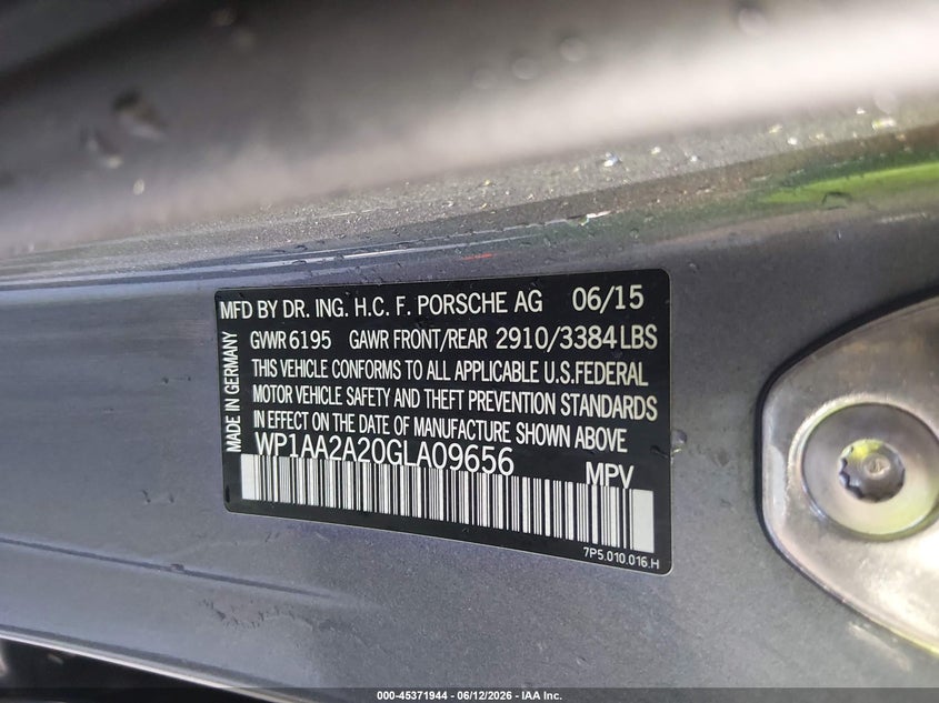 2016 Porsche Cayenne VIN: WP1AA2A20GLA09656 Lot: 45371944