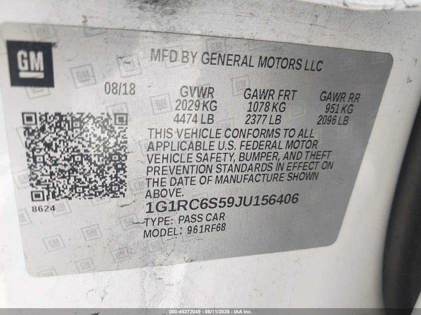 2018 Chevrolet Volt Lt VIN: 1G1RC6S59JU156406 Lot: 45372049
